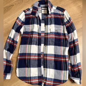 American Eagle Flannel Shirt S Blue White Ahh-Mazinly Soft Boyfriend Fit Womens